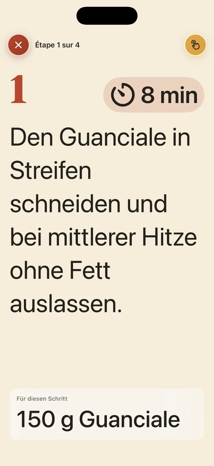 Der Kochmodus von Cuisinier En Chef: ein einzelner Schritt in großer Schrift, mit seinem 8-Minuten-Timer.