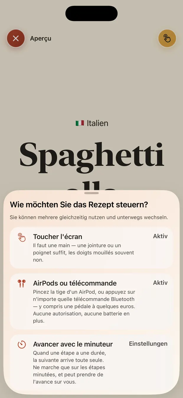 Die Auswahl der Steuerungsarten: Bildschirm berühren, AirPods oder Fernbedienung, Timer.