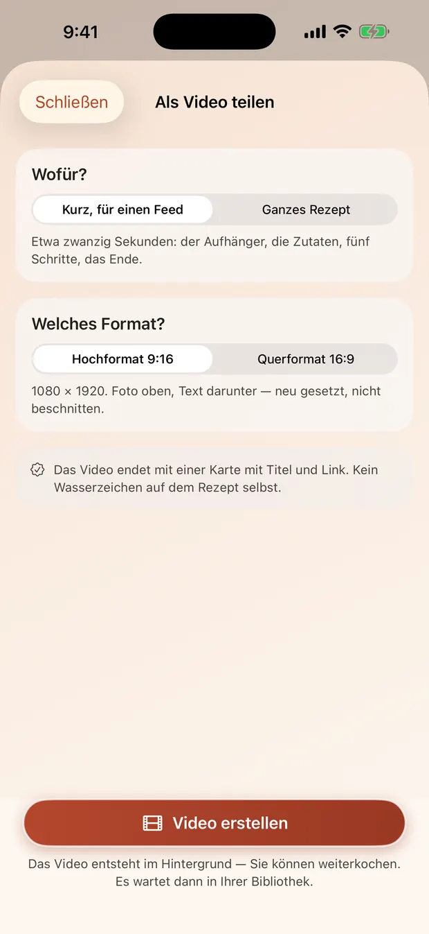 Der Teilen-Bildschirm: kurz oder ganzes Rezept, hoch- oder querformat.