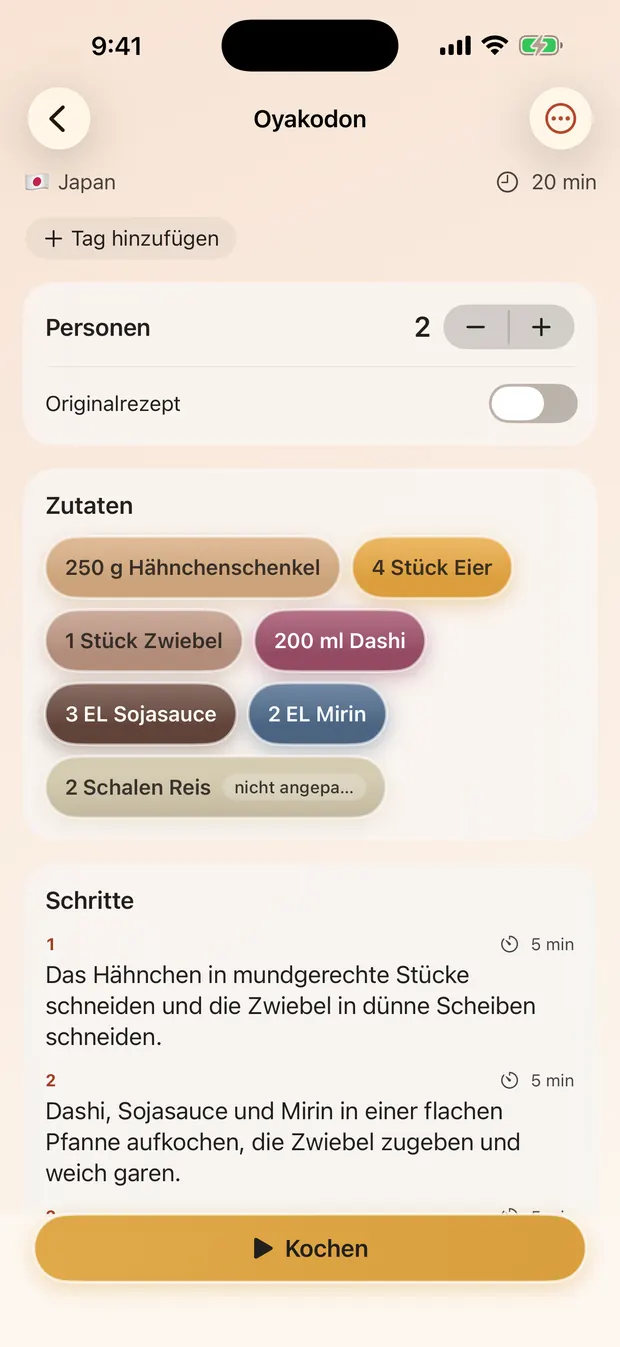 Ein Oyakodon-Rezept für zwei Personen, die Zutaten als Pillen.