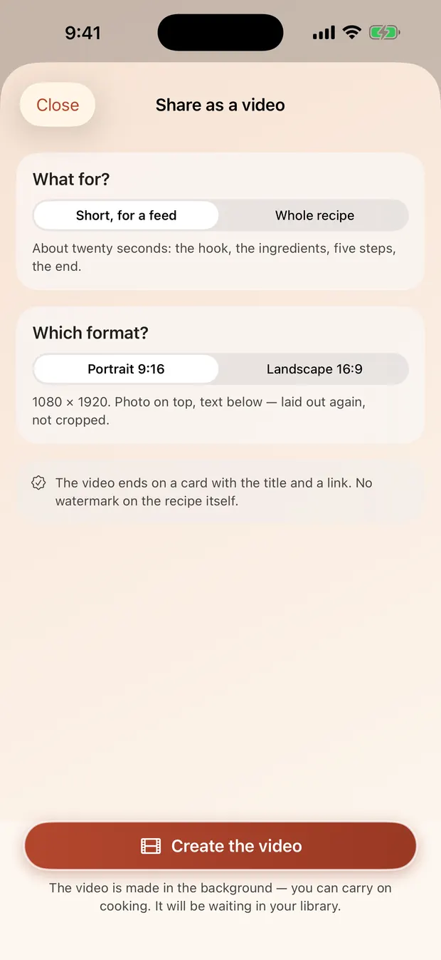 The share screen: short or full recipe, vertical or horizontal.