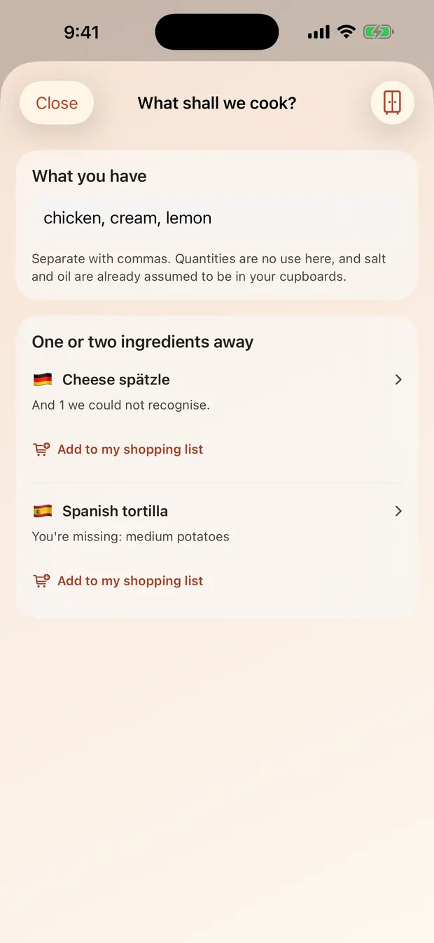 The mixer: three ingredients typed in, the recipes they make and the ones missing an item.