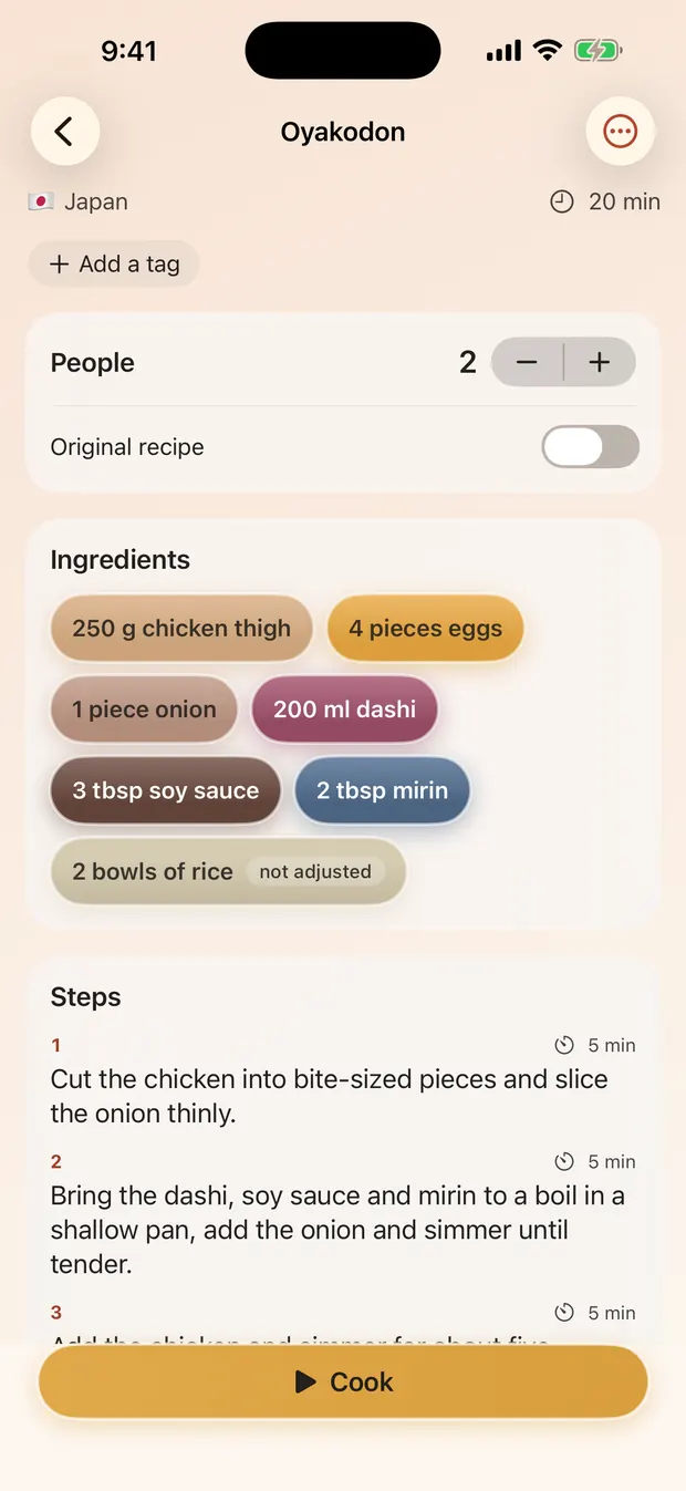 An oyakodon recipe set for two people, its ingredients shown as pills.