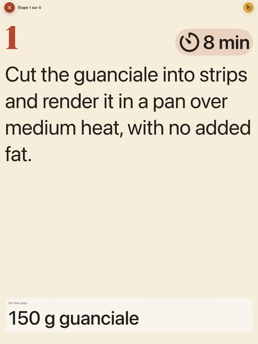 Cook mode on iPad, in landscape, photograph on the left and the step on the right.