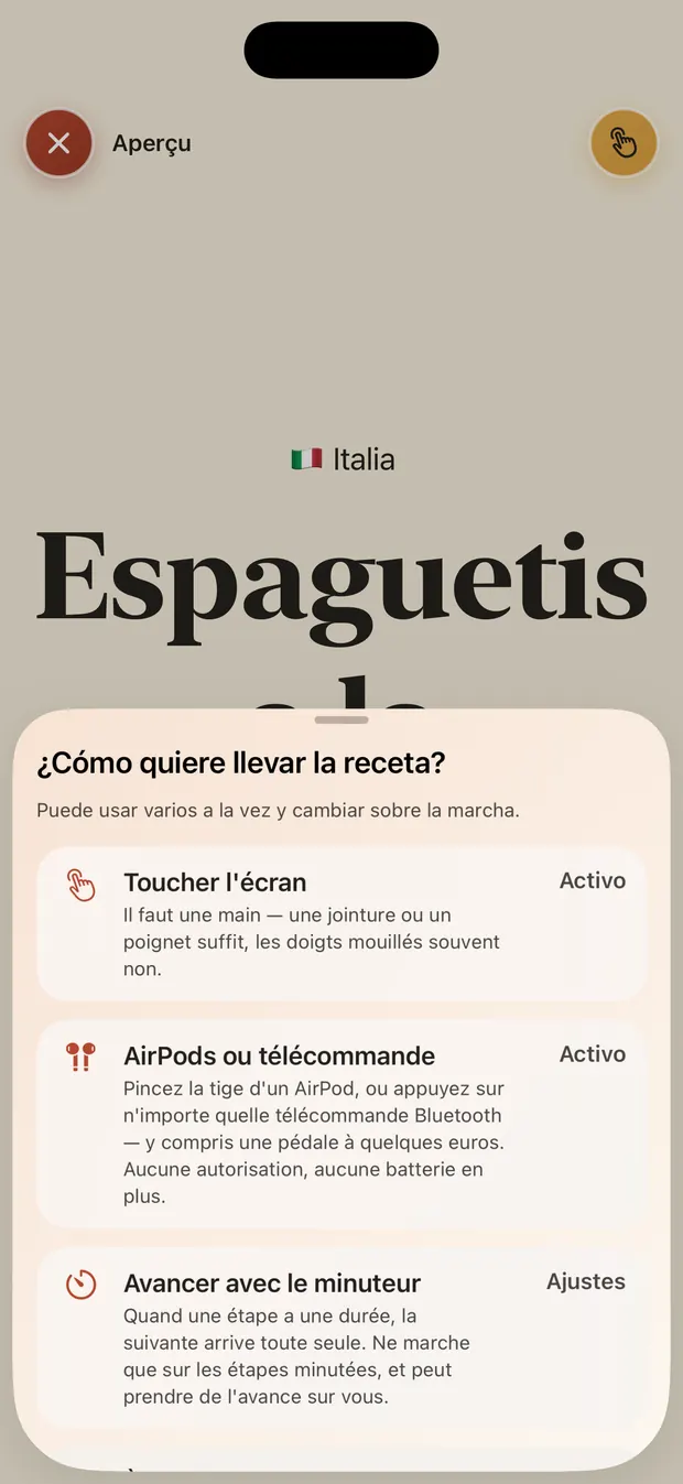 La elección de los modos de control: tocar la pantalla, AirPods o mando, temporizador.
