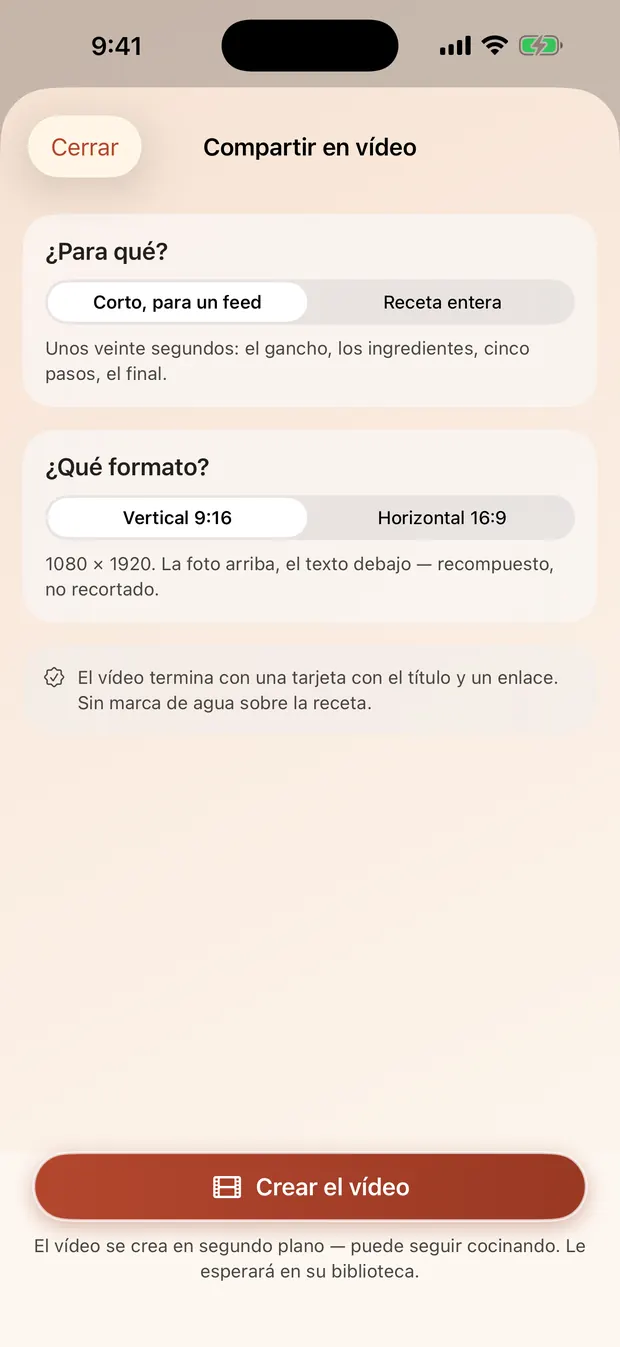 La pantalla de compartir: corto o receta entera, vertical u horizontal.