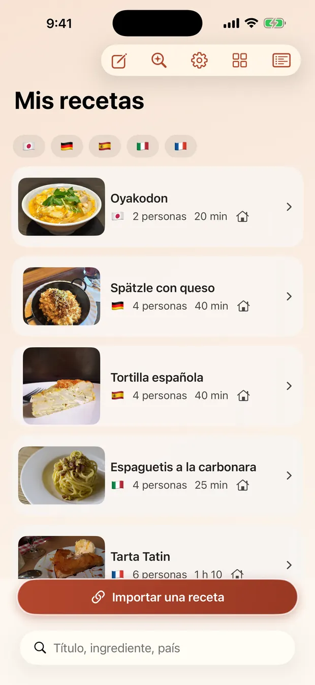 La biblioteca de recetas, cada plato con la bandera de su país de origen.