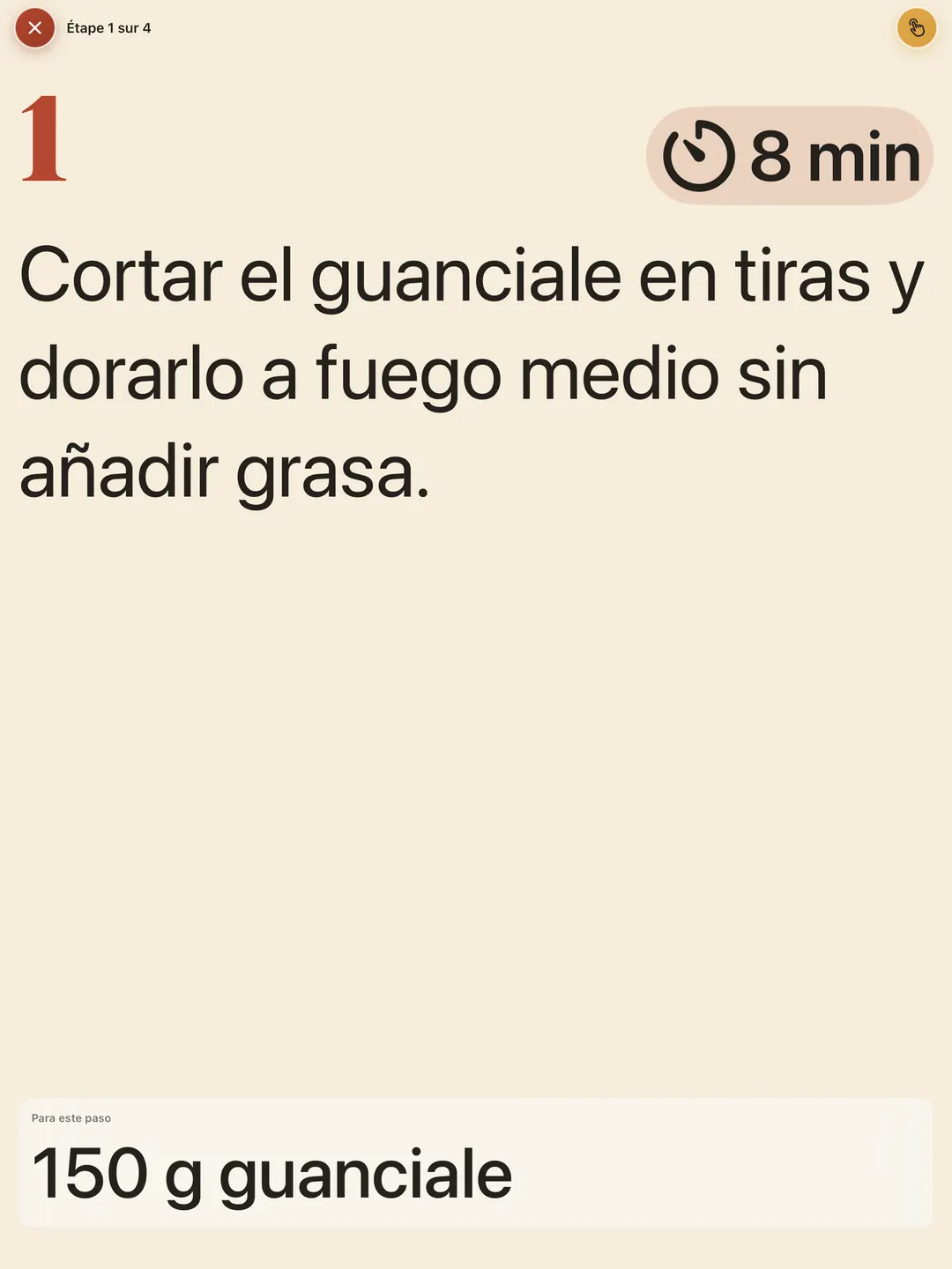 El modo cocina en iPad, en horizontal, con la foto a la izquierda y el paso a la derecha.