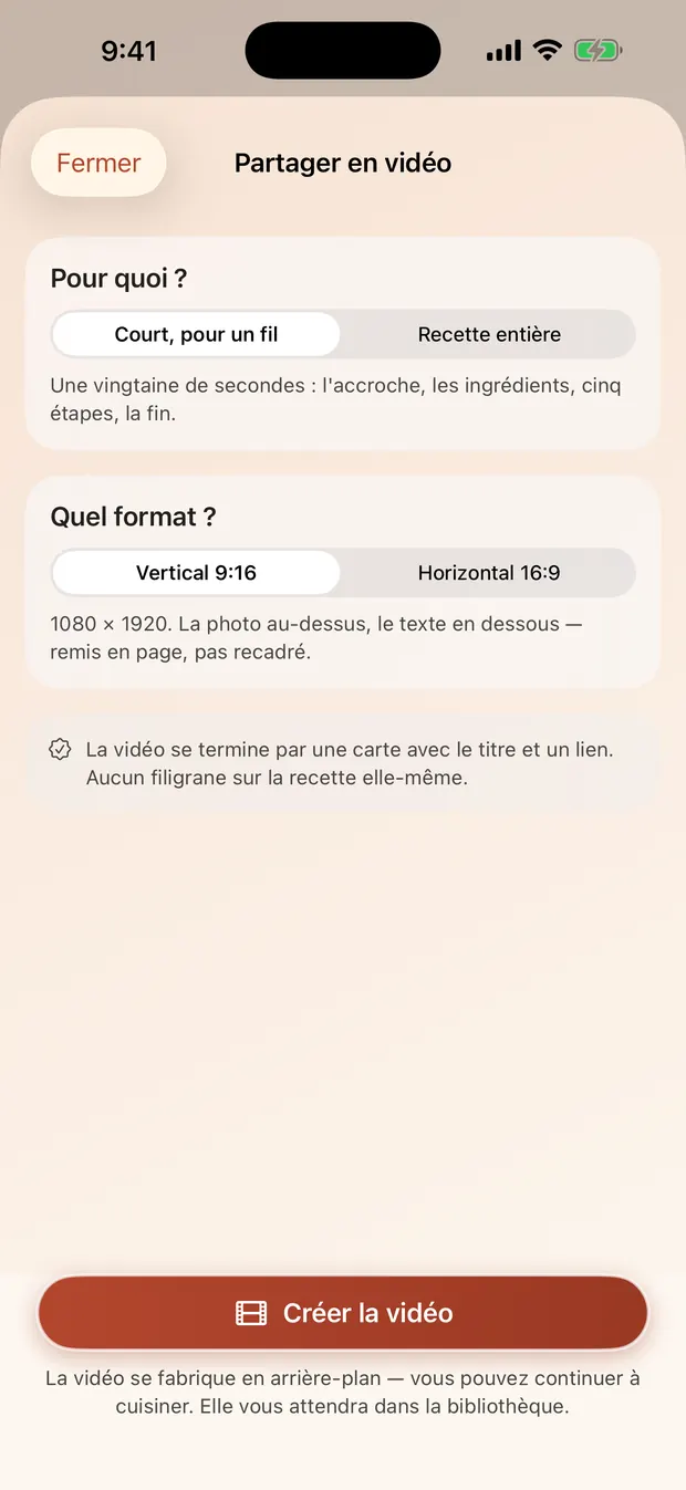 L'écran de partage : format court ou recette entière, vertical ou horizontal.