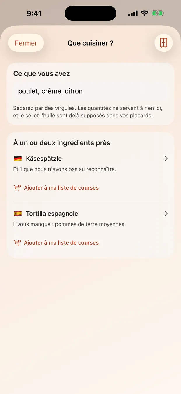 Le mélangeur : trois ingrédients saisis, les recettes possibles et celles où il manque un produit.