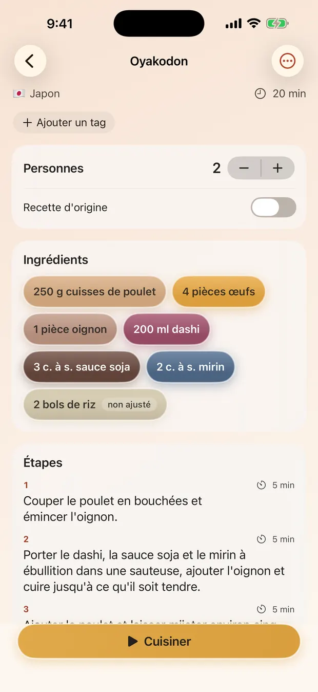 Une recette d'oyakodon réglée pour deux personnes, ses ingrédients en pastilles.