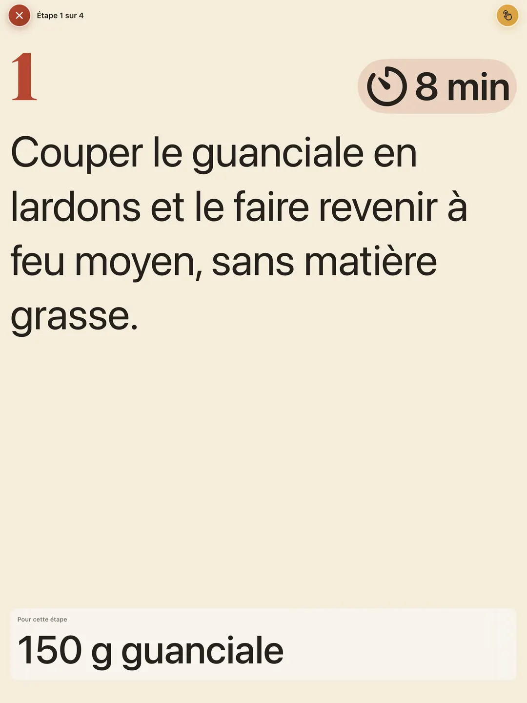 Le mode cuisson sur iPad, en paysage, la photo à gauche et l'étape à droite.