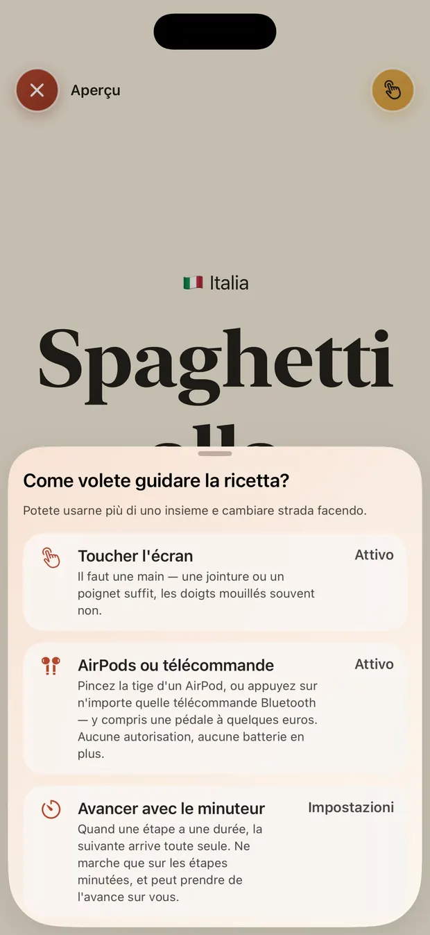 La scelta delle modalità di comando: toccare lo schermo, AirPods o telecomando, timer.