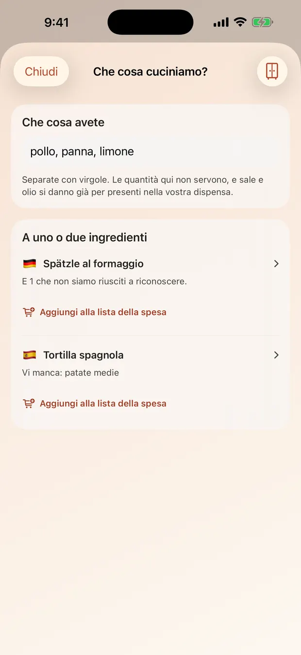 Il mixer: tre ingredienti scritti, le ricette possibili e quelle a cui manca qualcosa.