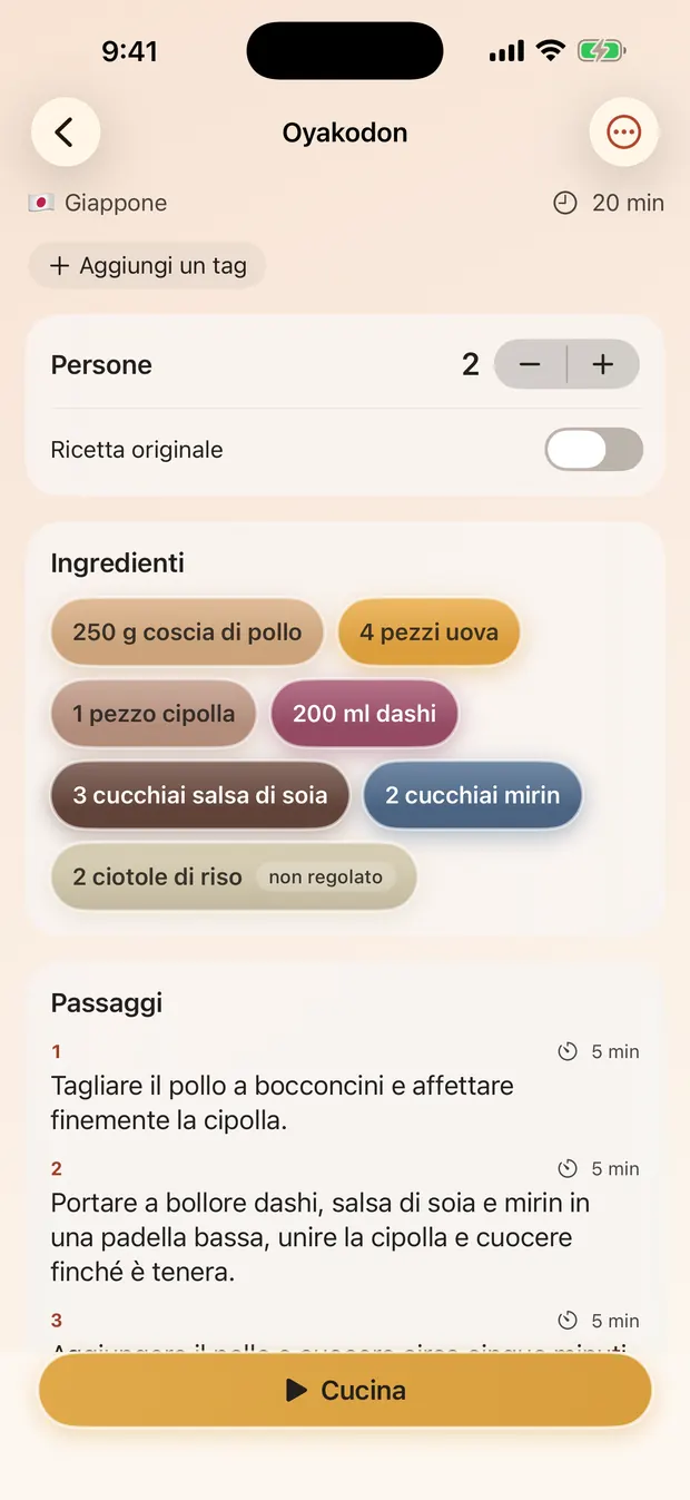 Una ricetta di oyakodon impostata per due persone, gli ingredienti in pastiglie.