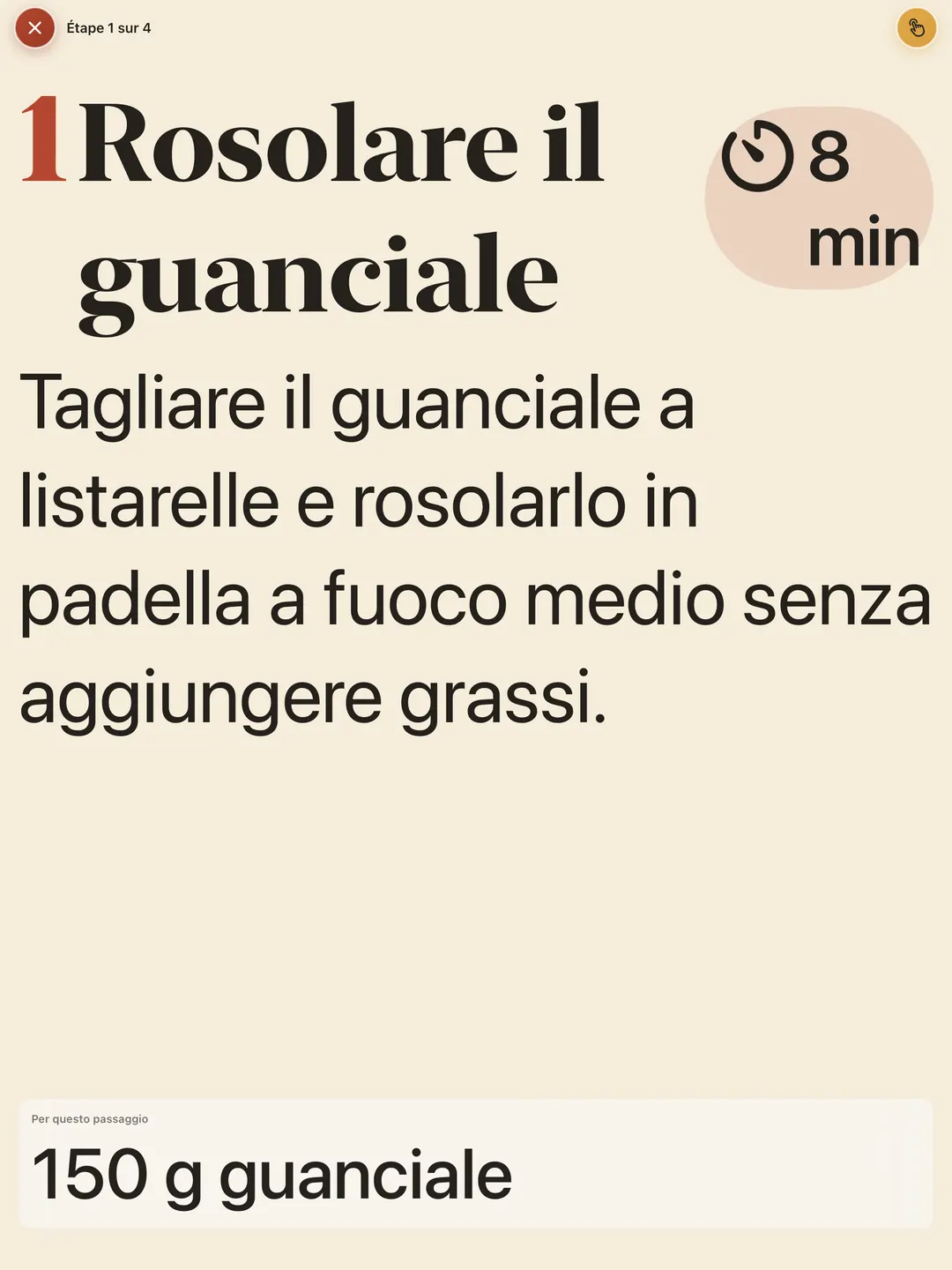 La modalità cottura su iPad, in orizzontale, foto a sinistra e passaggio a destra.